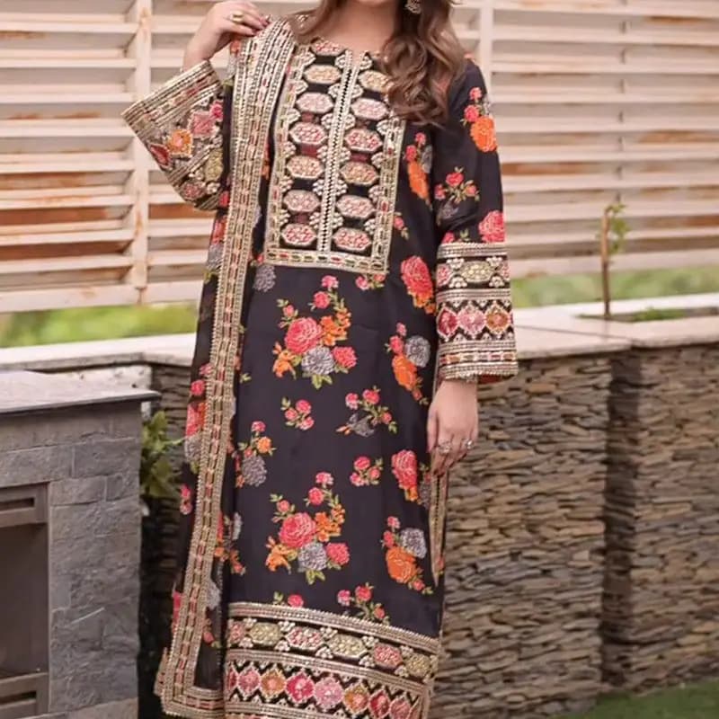 Silk 3pc embroidery unstich suit